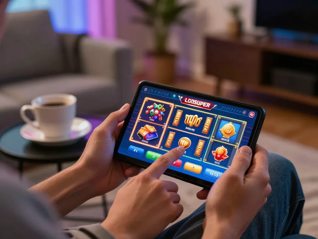 Player engaging with LGOSUPER casino app for strategic online gaming experience in a cozy home.