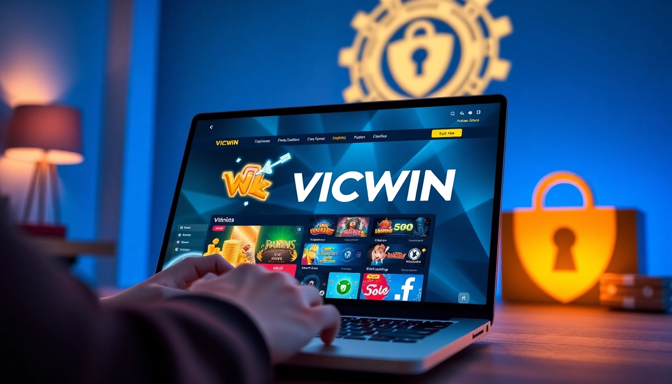 Engaging VICWIN online gaming experience with a user playing casino games on a modern laptop, featuring vibrant colors and security elements.
