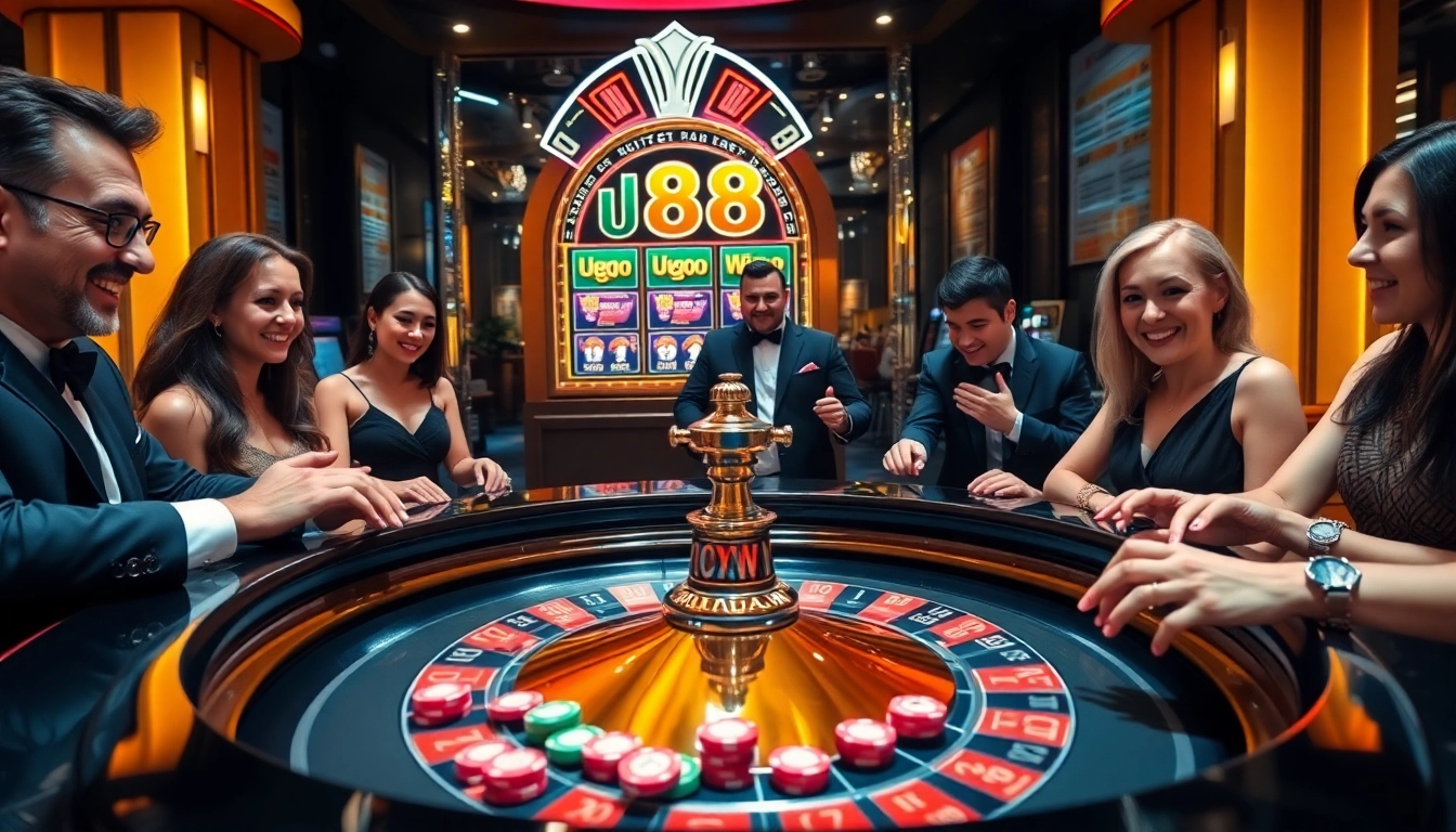 Excited players enjoying a roulette game at U88 casino, featuring vibrant colors and luxury atmosphere.