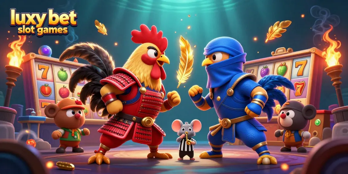 Engage with luxy bet slot games through a dynamic illustration of whimsical fighting roosters amidst a casino backdrop.
