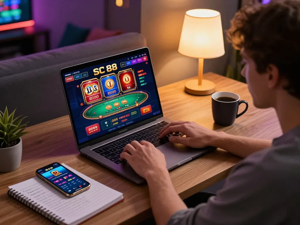 Engaging scene of a user placing bets with SC 88 online casino on a laptop, showcasing strategic gameplay.