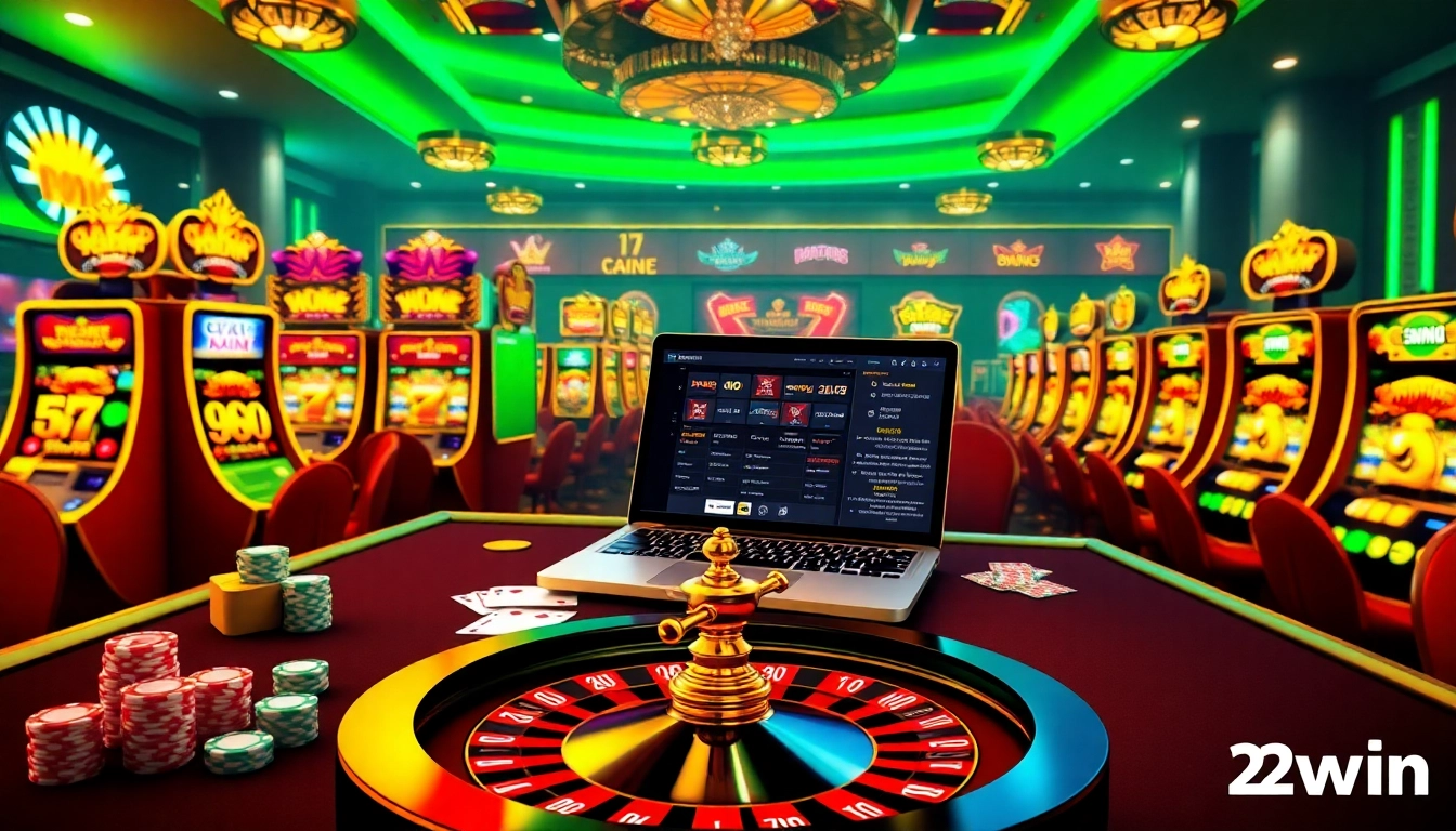 Experience the thrill of 123win with vibrant casino games, poker chips, and a roulette wheel.