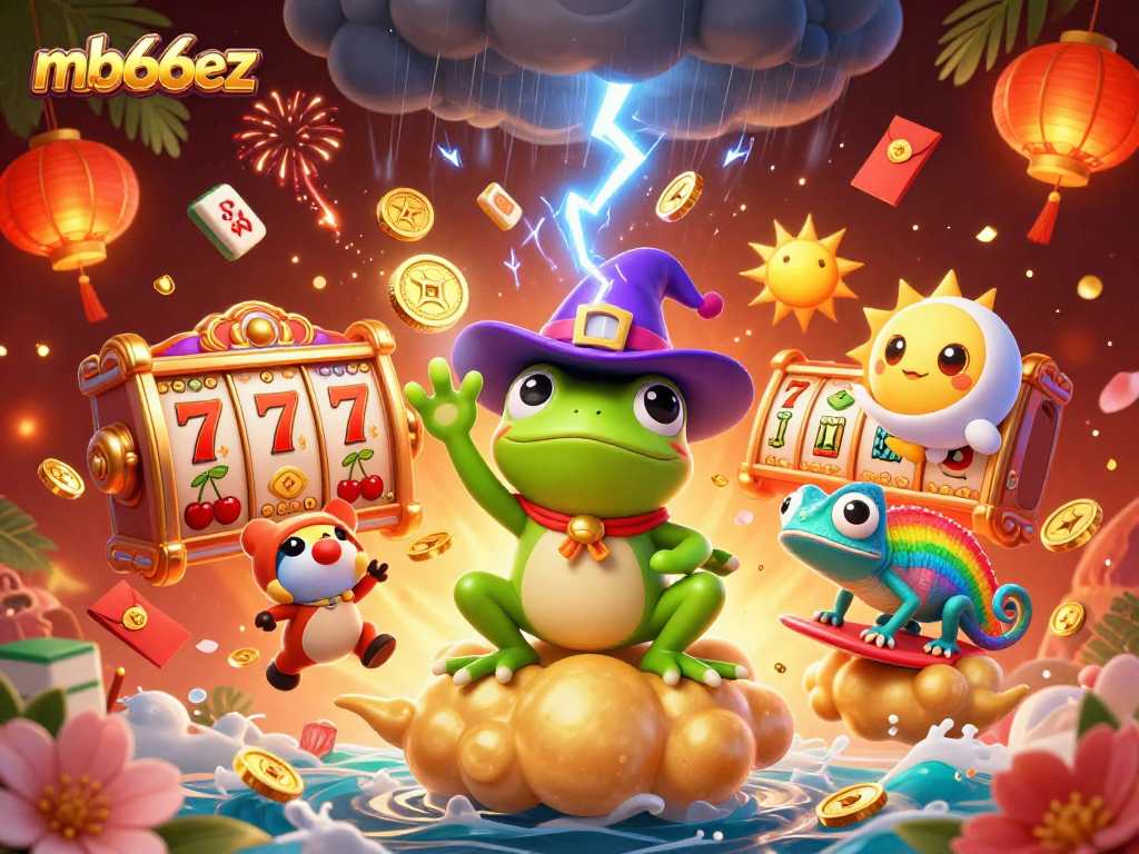 Win at mb66ez with a vibrant casino scene showcasing golden coins, games, and exciting action.