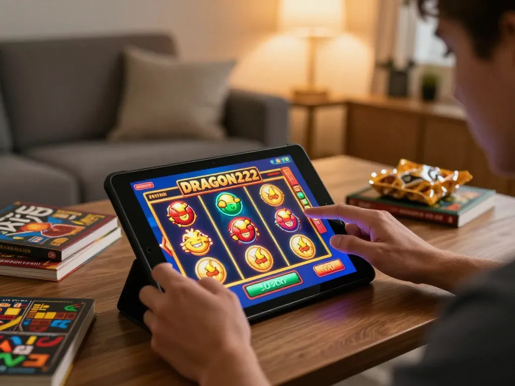 DRAGON222 player engaging with slot game on tablet in cozy home setting, emphasizing online gambling.