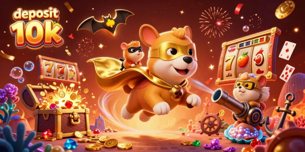 Ilustrasi menggembirakan dengan tema deposit 10k menggambarkan anjing pahlawan terbang yang membawa koin emas, dihias dengan simbol kasino.