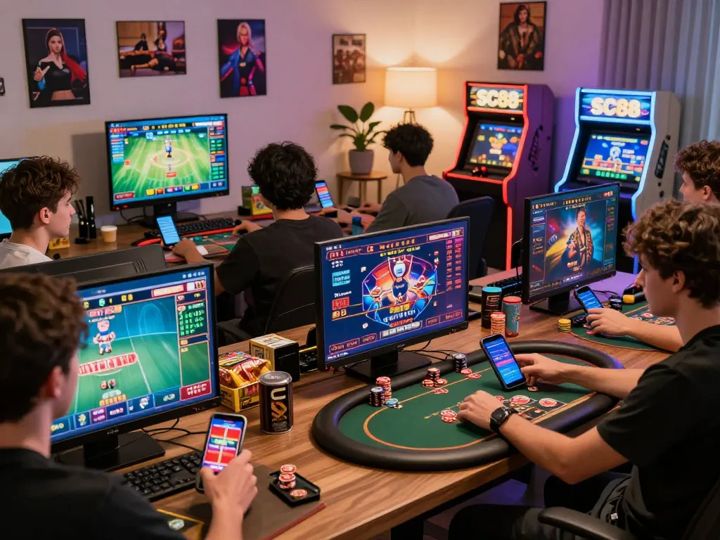 Exciting SC88 online gaming scene with players engaging in various games in a cozy setting.