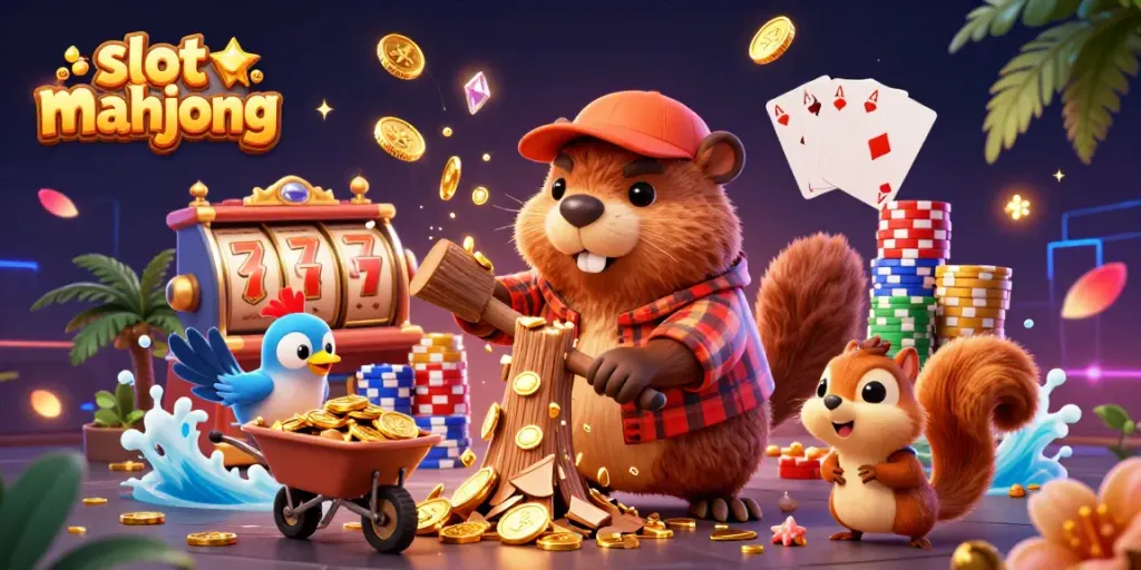 Menangkan jackpot dalam slot mahjong dengan ilustrasi kartun 3D beaver pemotong pohon yang hujan koin emas.