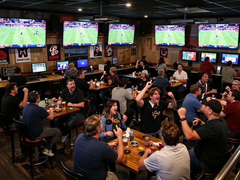 Patrons cheering while placing bets on Jun88's sports event screens in a lively bar atmosphere