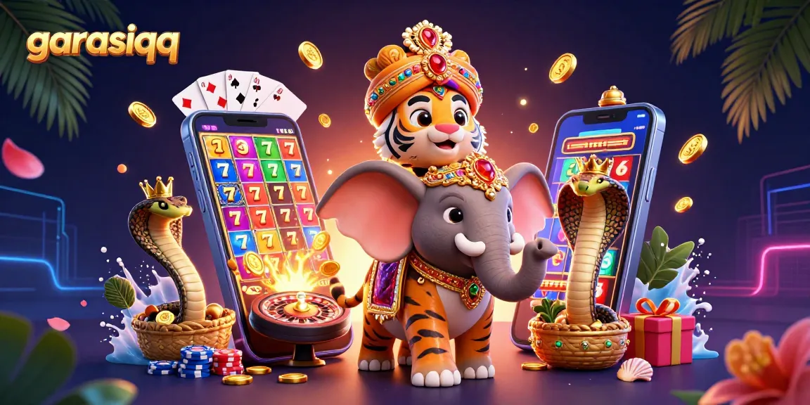Play exciting slots with garasiqq, featuring an Indian maharaja tiger and vibrant casino elements.
