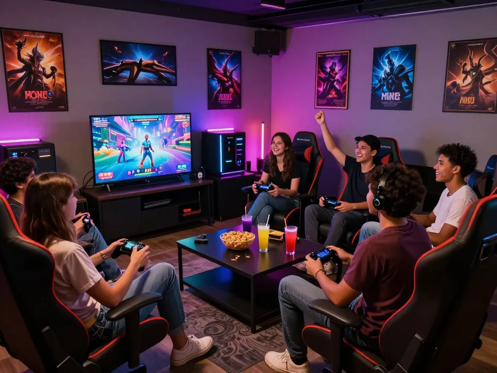 Friends enjoying a fun porn game together in a vibrant gaming lounge