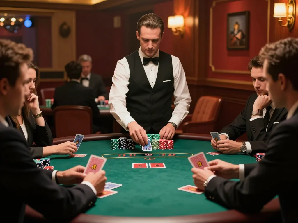 kp88 card players strategizing their bets at an upscale blackjack table in a luxury casino