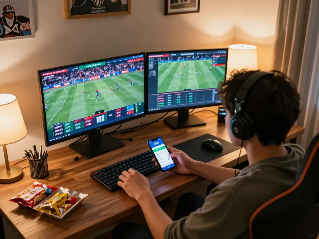 Engaged user placing bets on SC88 mobile app during thrilling sports event at home.