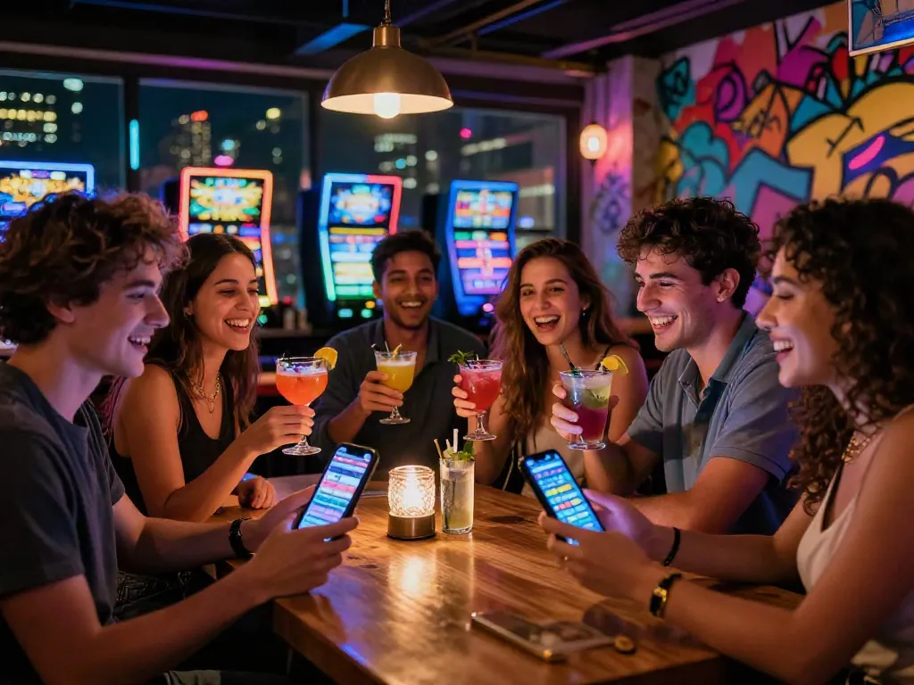 A lively nightlife scene highlighting akunjp slot games at a trendy bar.