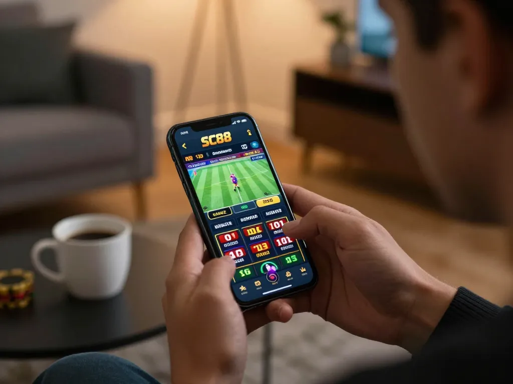 Person engaging with SC88 online casino app while placing sports bets