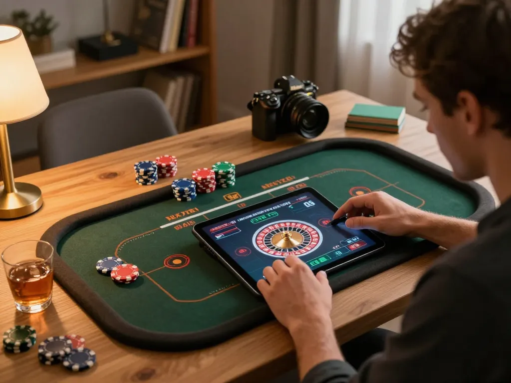 Pemain terlibat menggunakan tablet untuk permainan roulette toto online di lingkungan rumah yang nyaman