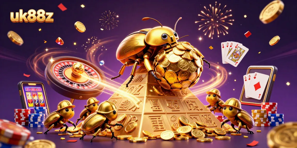 Experience the thrill of uk88z with golden coins and casino symbols in an energetic 3D illustration.