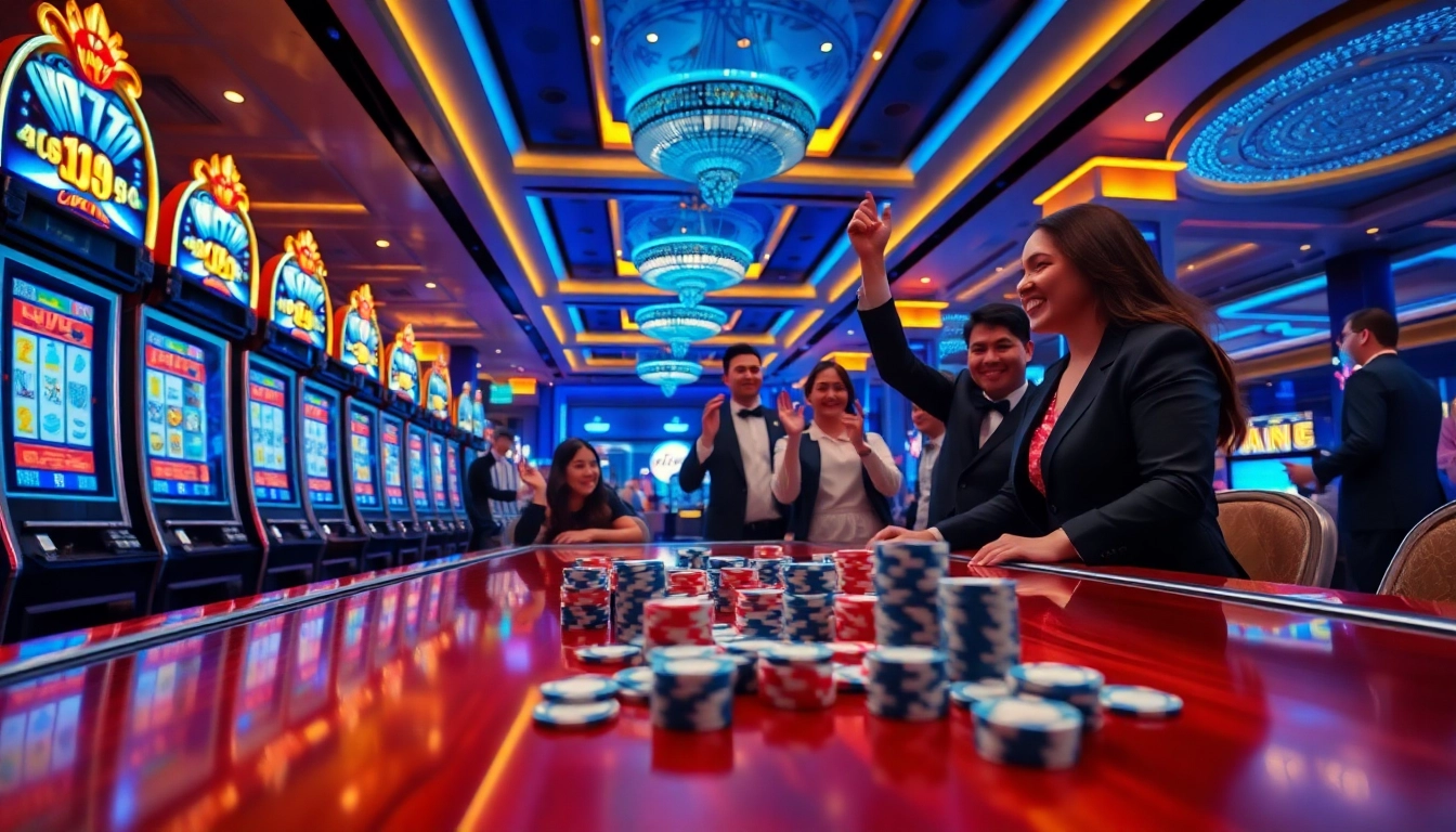 Nổ Hũ Đổi Thưởng scene with vibrant slot machines and excited players in a luxurious casino.