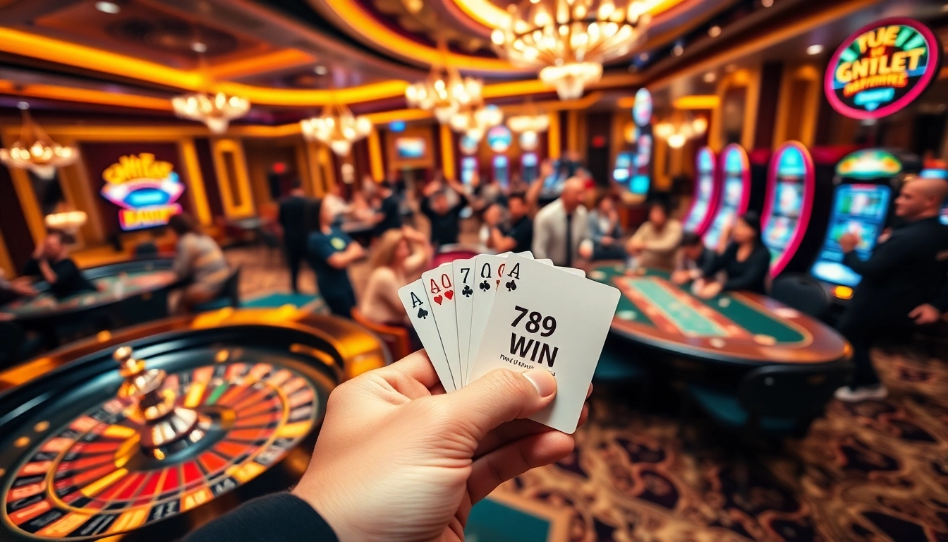Gambling excitement at 789 Win casino with poker chips and a roulette wheel.
