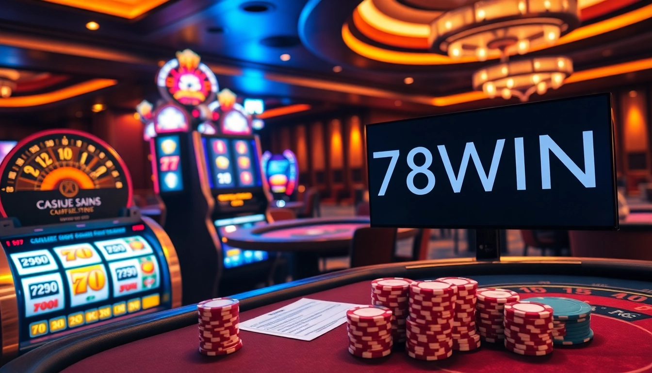 Experience the thrill of gaming at 78WIN with vibrant slot machines and luxurious casino decor.