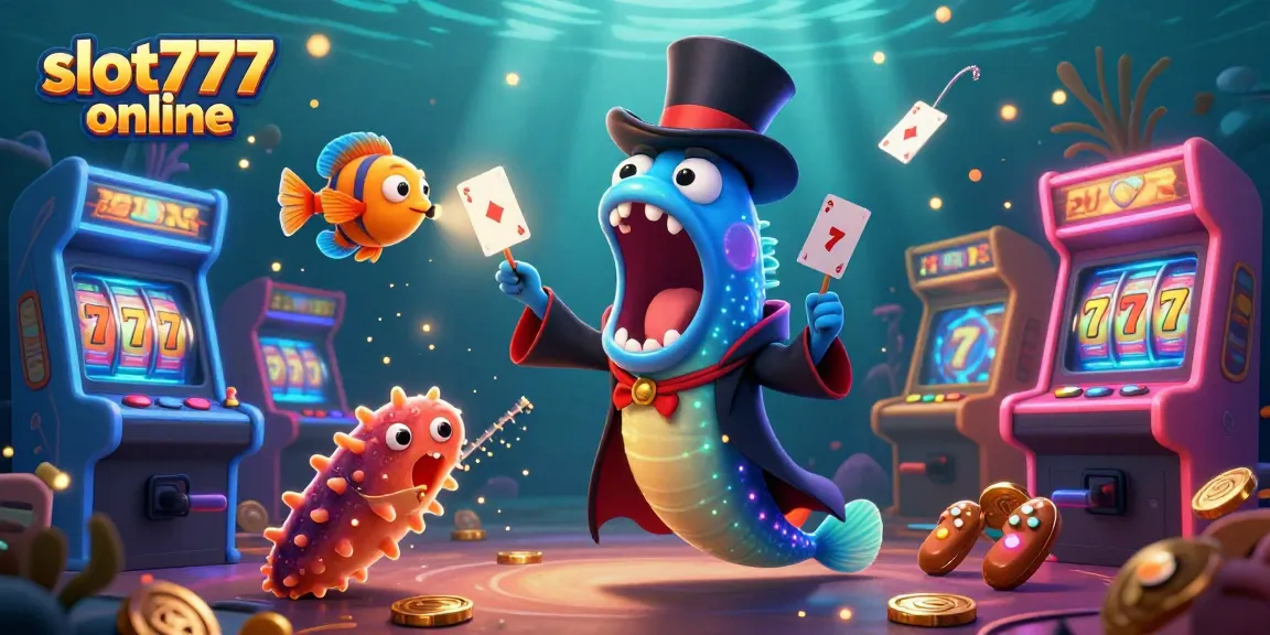 Experience the thrill of slot777 online with a dynamic scene featuring glowing reels and creative characters.