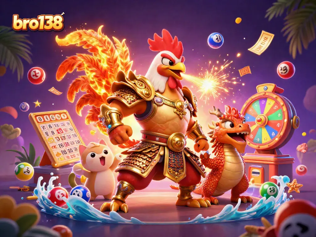 bro138's powerful fighting rooster, dragon hatchling, and lucky cat amidst vibrant dynamic gambling elements.