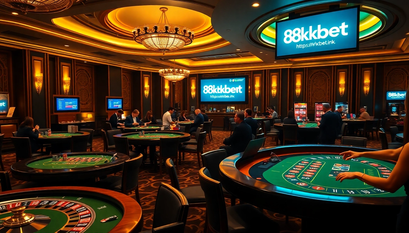 The lively casino ambiance at https://8kbet.ink/, where players enjoy exciting card games and vibrant poker chips.
