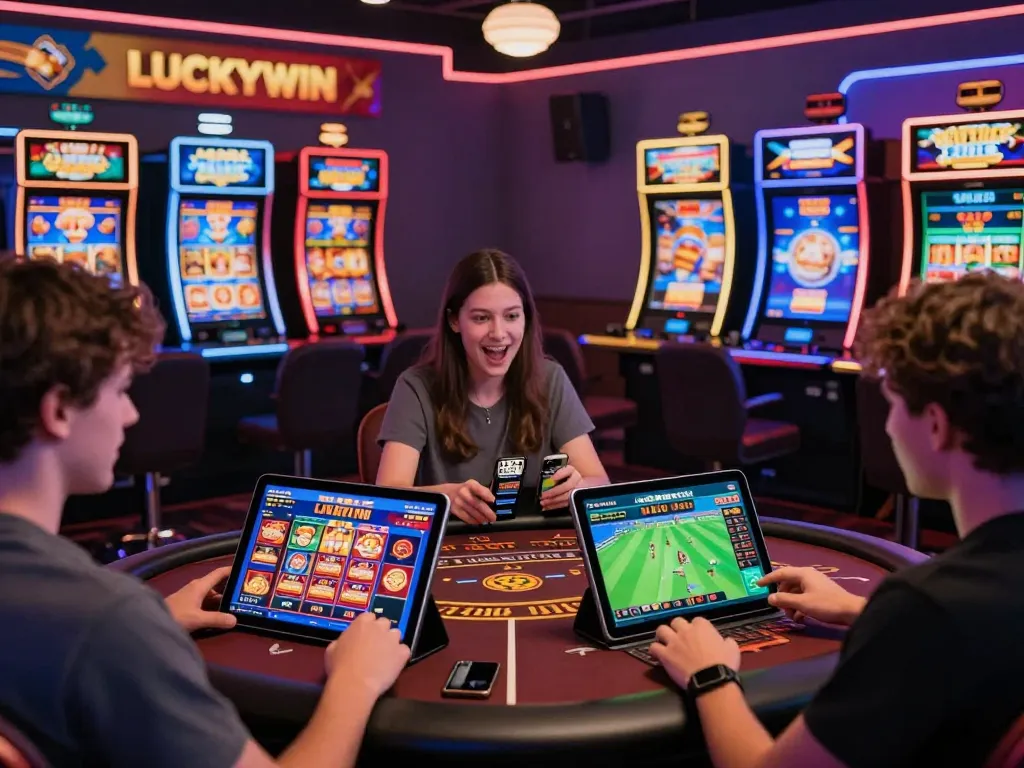 Engaging gaming community on https://luckywin.free/ playing diverse online games in a vibrant digital casino setting.
