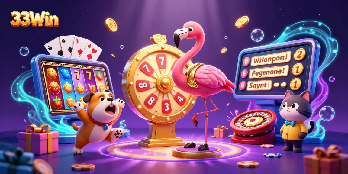 Spin to win big with 33Win in this colorful 3D casino scene featuring thrilling slot games.