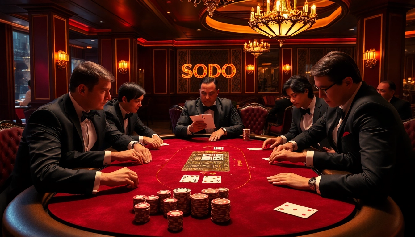 SODO CASINO 66 players engaged in an intense high-stakes poker game at a luxurious casino table.