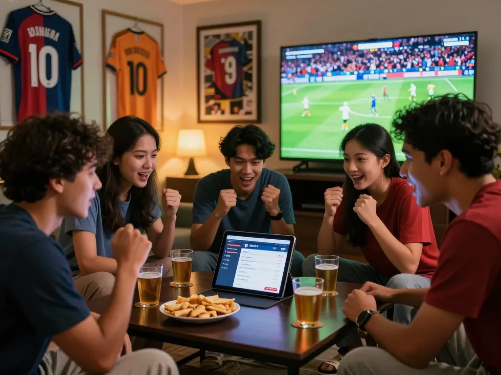 Engaging friends enjoying Judi Bola betting experience together while watching a live football match.