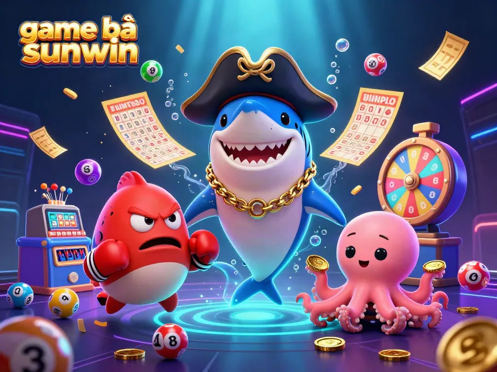 Experience the excitement of game bài sunwin with vibrant characters and dynamic casino elements in this 3D illustration.