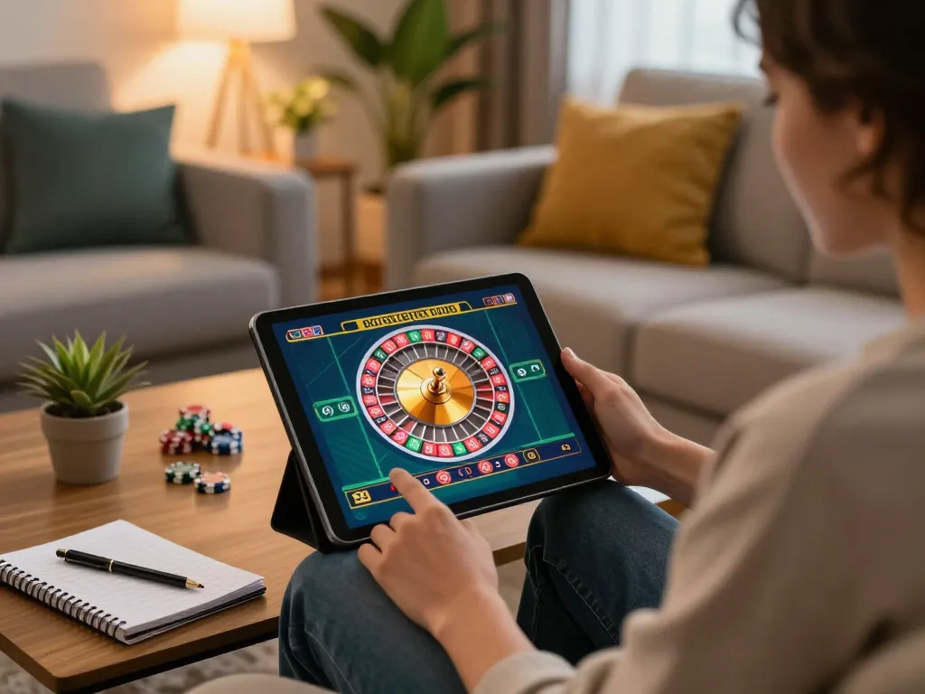 Engaging in the online roulette game on 789win vom while relaxing at home, showcasing tablet gameplay and strategy.