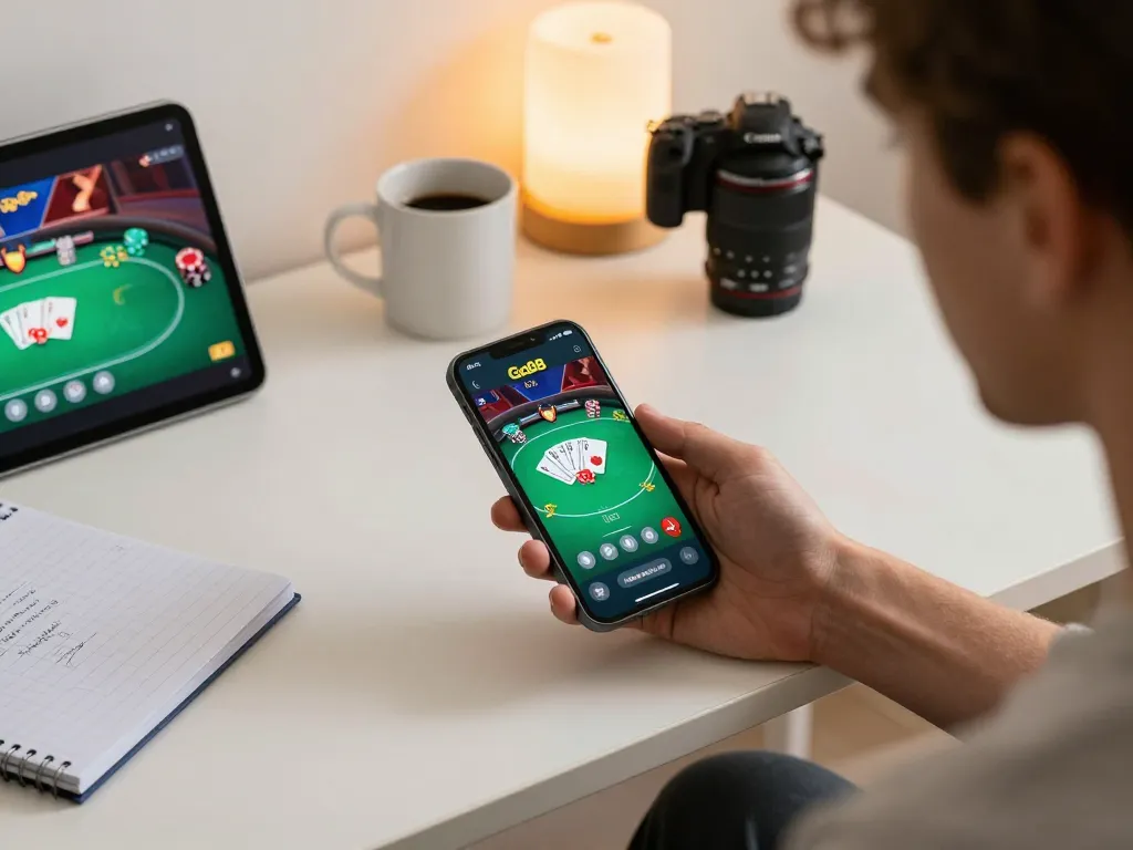 Engaging in online poker gaming on the Go88 app with cards and chips displayed on screen
