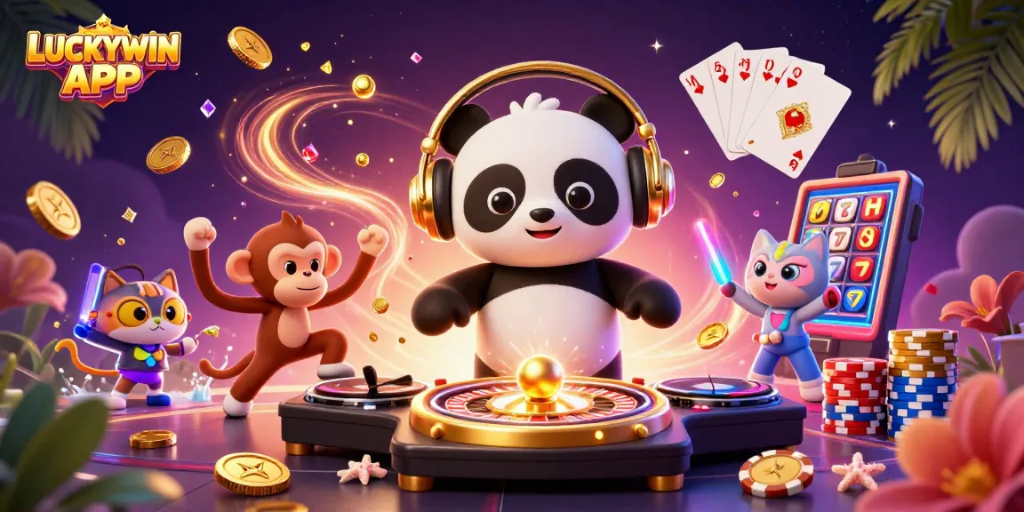 Experience casino excitement with the LUCKYWIN APP featuring vibrant characters and game elements.