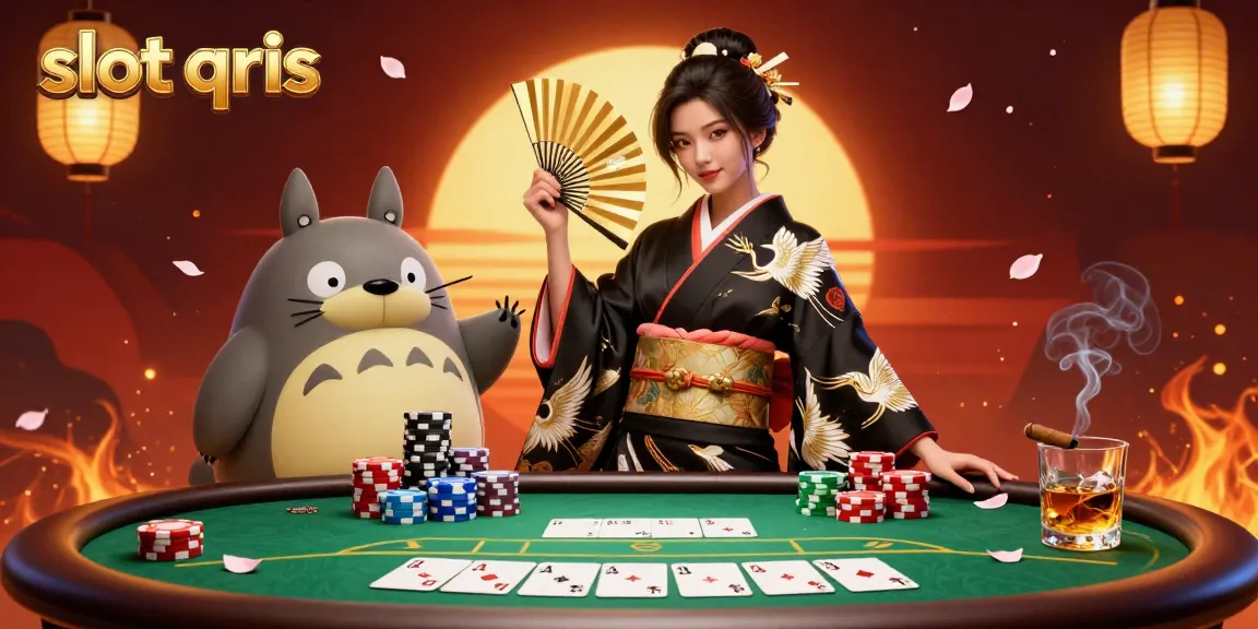 Experience slot qris excitement with dynamic casino elements featuring winning hands and traditional motifs.