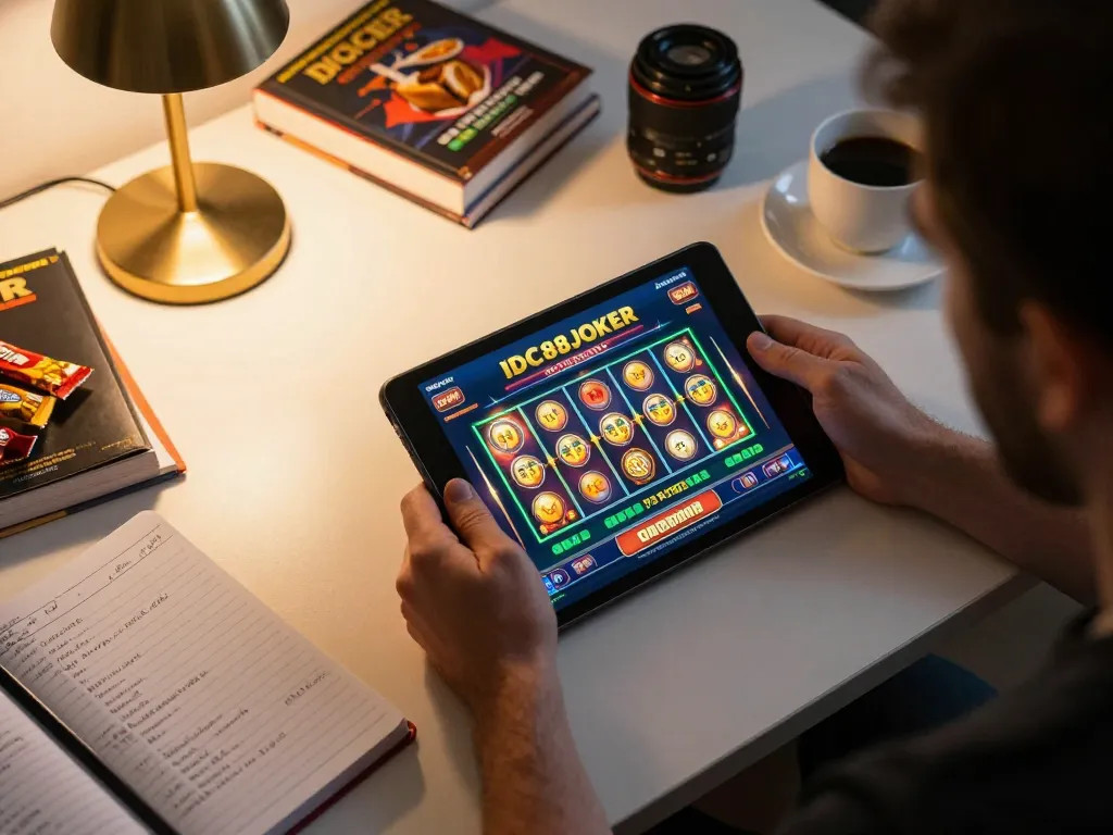 Engaged player exploring IDC88JOKER slot games on a tablet surrounded by strategy notes in a cozy home setting.