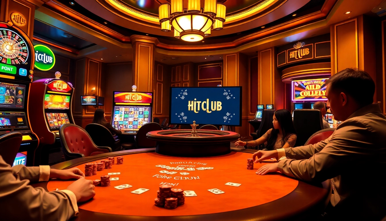 Exciting scene of a poker game at https://hitclub9.us.com/ with vibrant casino elements and energetic players.