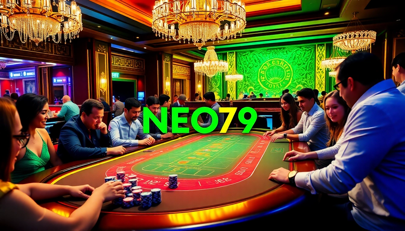 NEO79 gaming table with enthusiastic players in a luxurious casino setting.