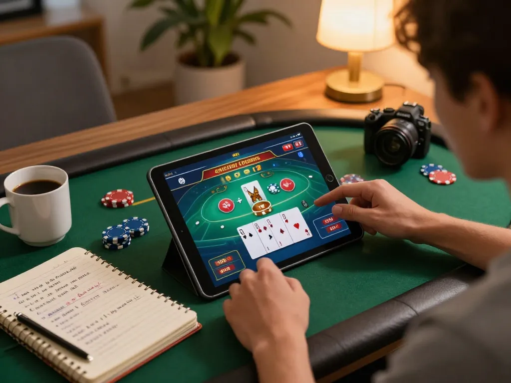 Pemain merencanakan taruhan mereka di HALOCUAN98, dengan permainan poker online yang menarik ditampilkan di tablet dalam pengaturan yang nyaman, menyoroti wawasan strategis dari johnbozier.