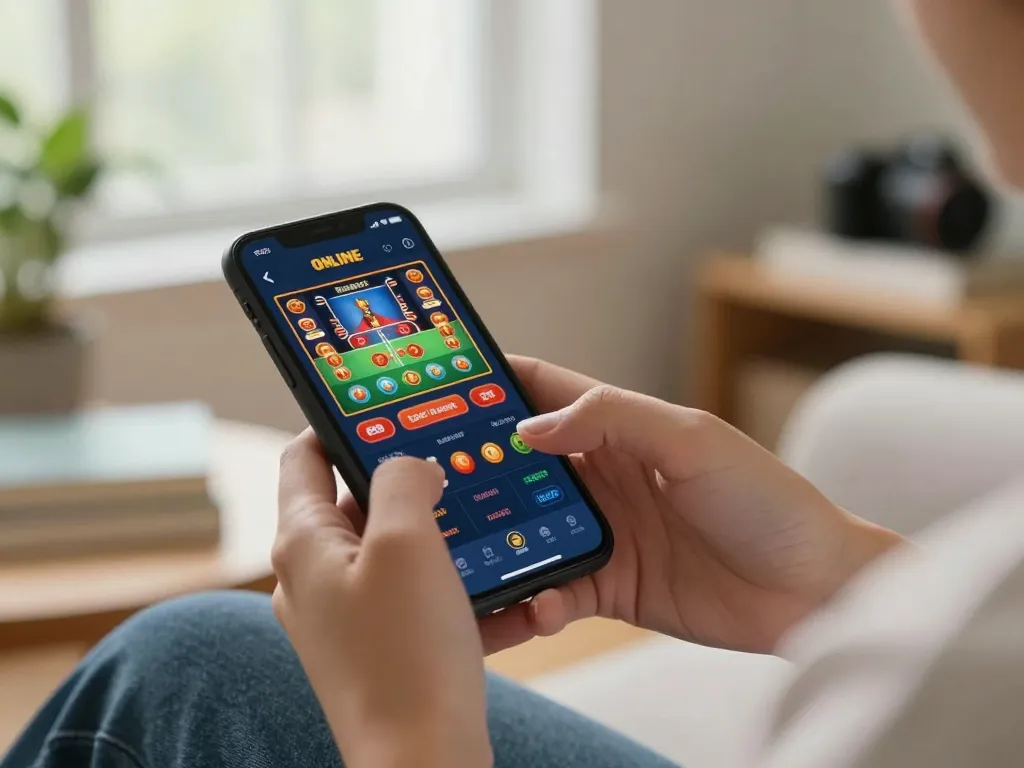 Engaging in online gambling on Vaobong88 using a smartphone in a cozy home setting.