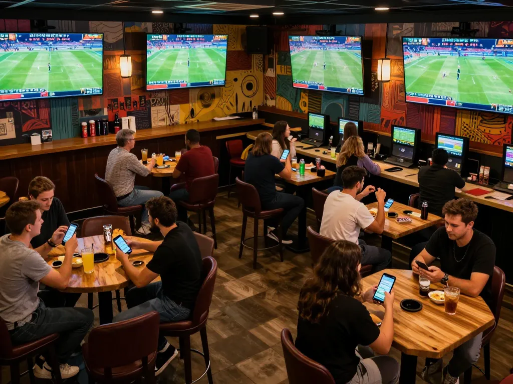 Patrons celebrating their winnings while using the 88aa club app at a lively sports bar.
