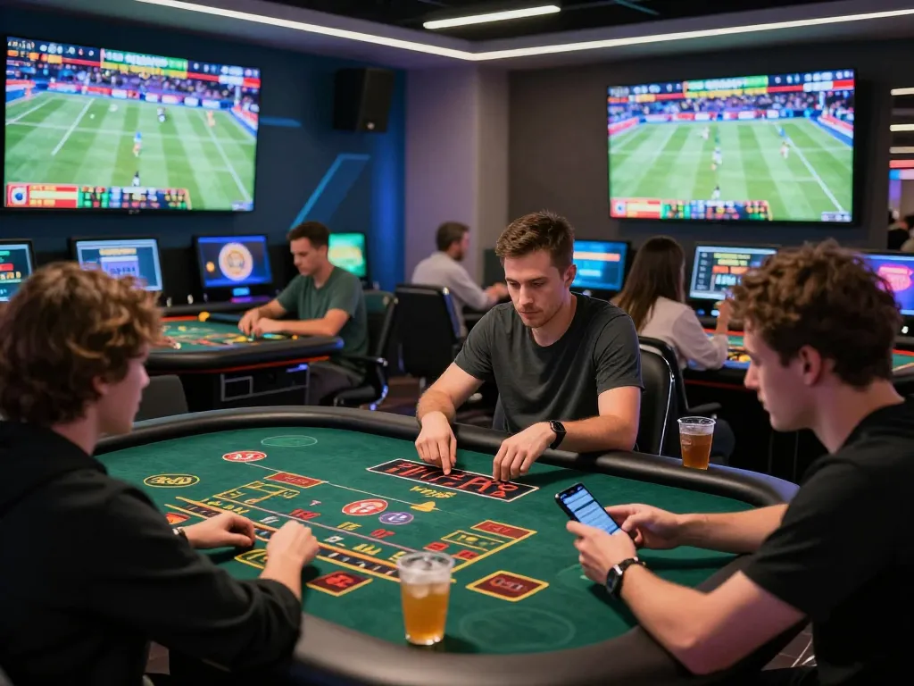 8kbet players engaged in thrilling online betting activities at a modern gaming lounge.
