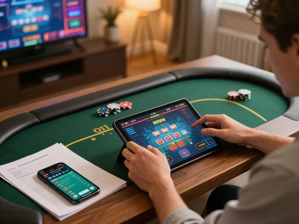 Engaging poker gameplay on tip88 app shown on tablet, highlighting strategic home gaming.