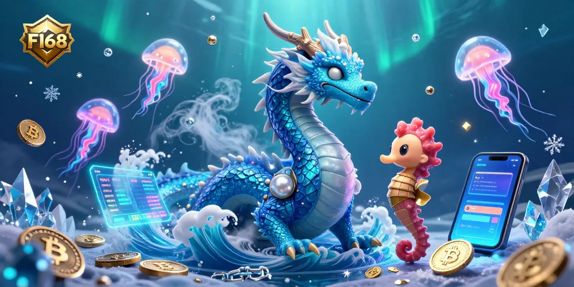 F168 engages players with a captivating scene featuring a dragon, seahorse knight, and glowing jellyfish amidst crypto elements, creating an immersive experience.