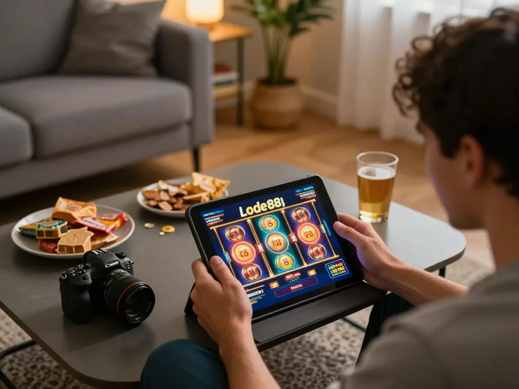 Player engaging with lode88 app for online slots in a cozy home setting, combining entertainment with responsible gaming.