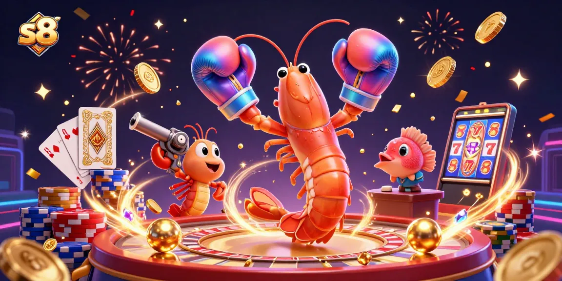 S8 jackpot gaming fun with cartoon shrimp characters celebrating surrounded by coins and vibrant casino elements.