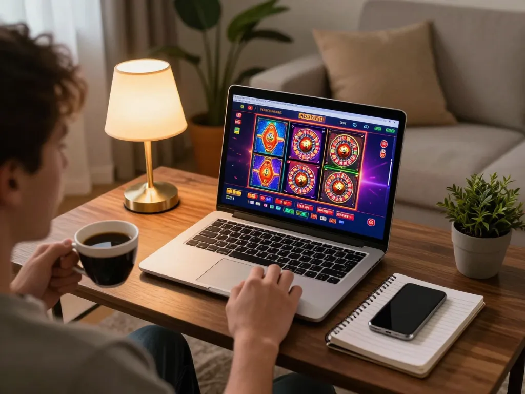 Engaged player enjoying cm88 online casino gaming on laptop in a cozy home setting