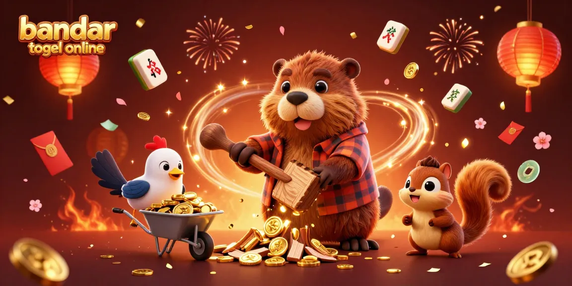 Spin to win with bandar togel online, featuring a playful beaver, coins, and festive elements.