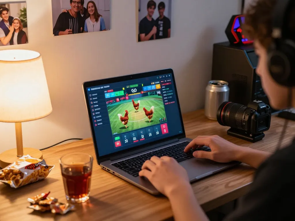 Cảnh tượng hấp dẫn của một game thủ trực tuyến xem đá gà trực tuyến philippines trong khi chiến lược đặt cược.