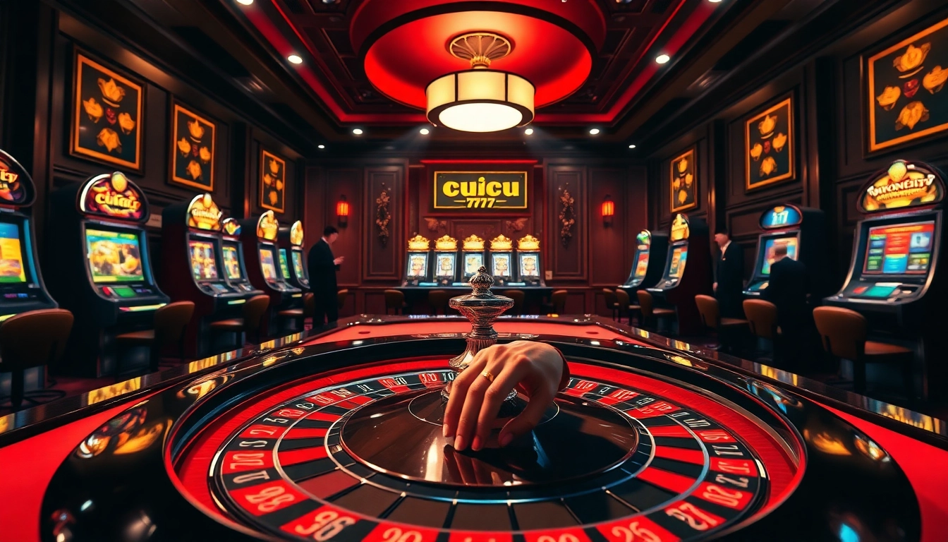 Experience luxury and excitement with cucu 777 at an upscale casino, featuring roulette and slot machines.